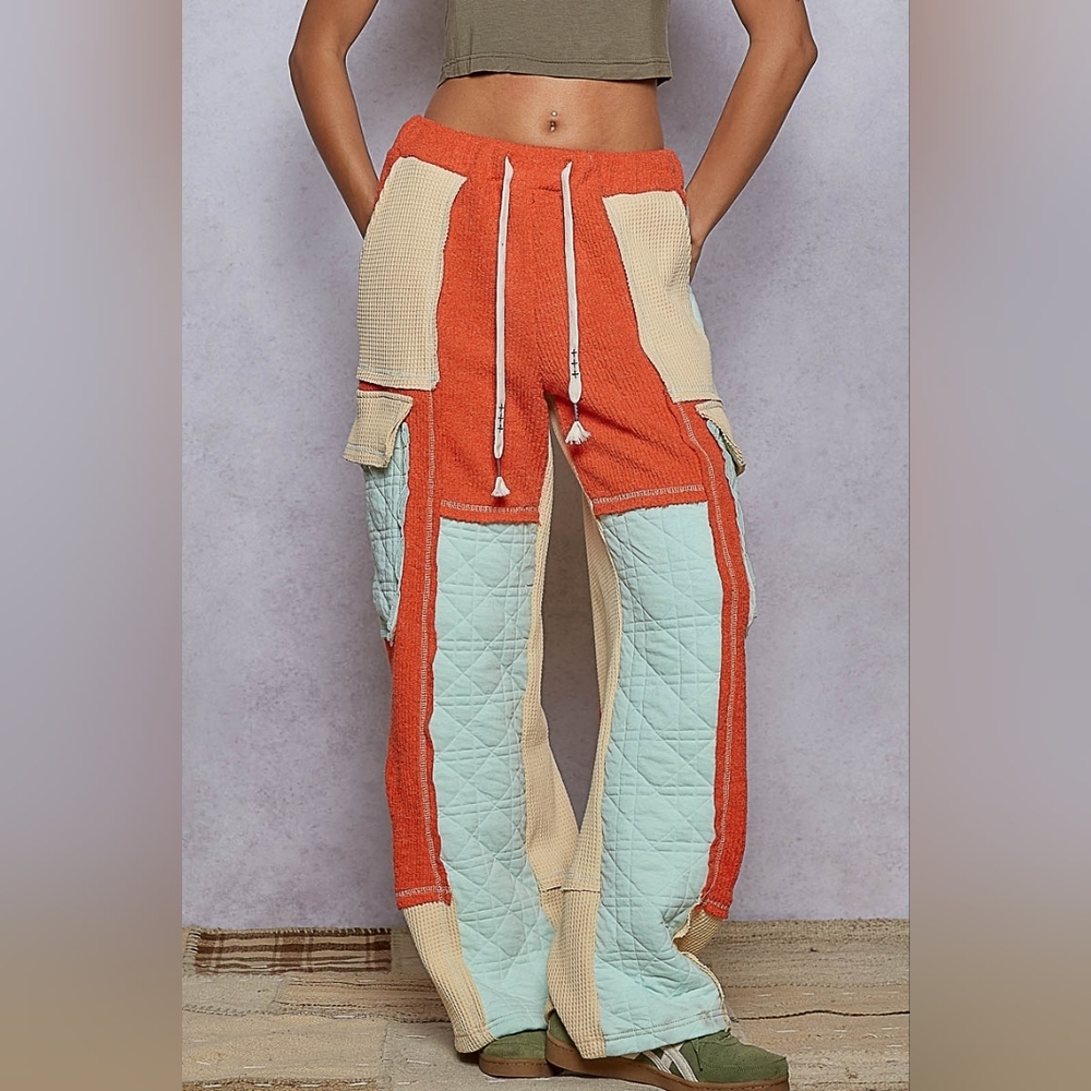 POL Streetwear Colorblock Quilted Patchwork Thermal Cargo Pants - Orange Teal